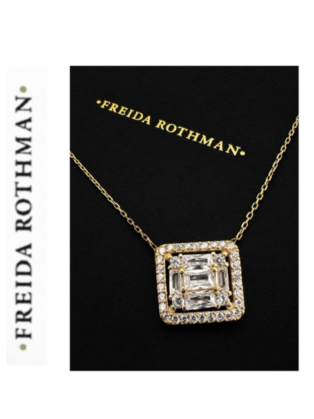 Freida Rothman Vault 925 Sterling Silver 14k Overlay Baguette CZ Halo Necklace